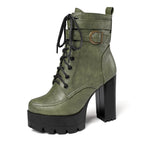 Women’s Platform Motorcycle Ankle Boots – Cross-Tied Square Heel