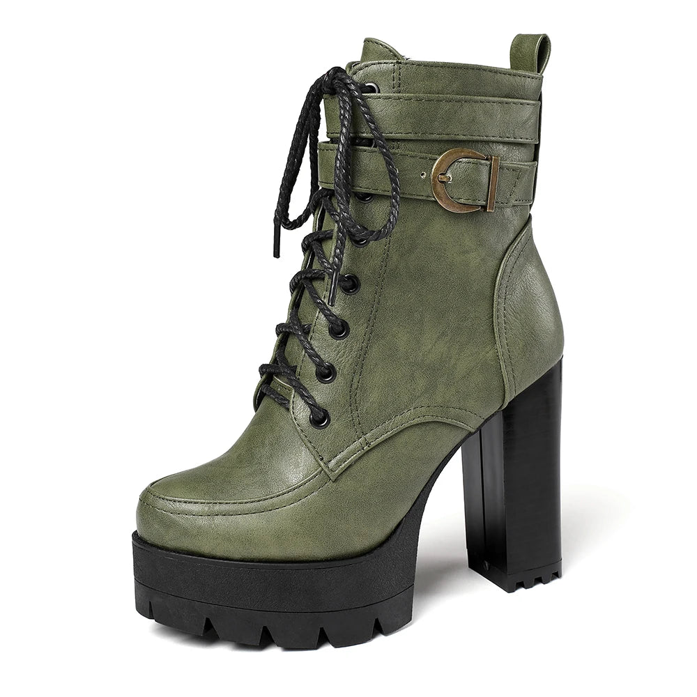 Women’s Platform Motorcycle Ankle Boots – Cross-Tied Square Heel