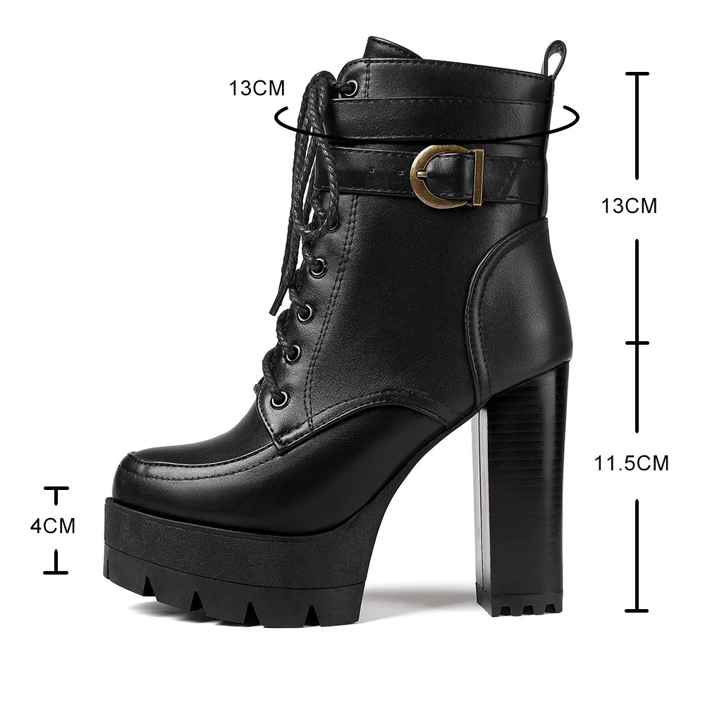 Women’s Platform Motorcycle Ankle Boots – Cross-Tied Square Heel
