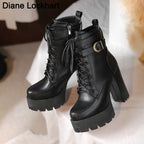 Women’s Platform Motorcycle Ankle Boots – Cross-Tied Square Heel