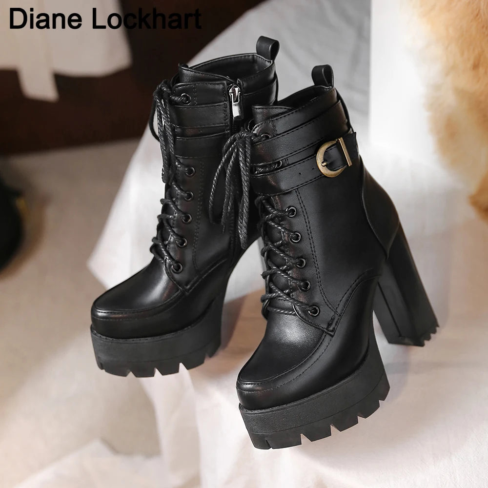 Women’s Platform Motorcycle Ankle Boots – Cross-Tied Square Heel