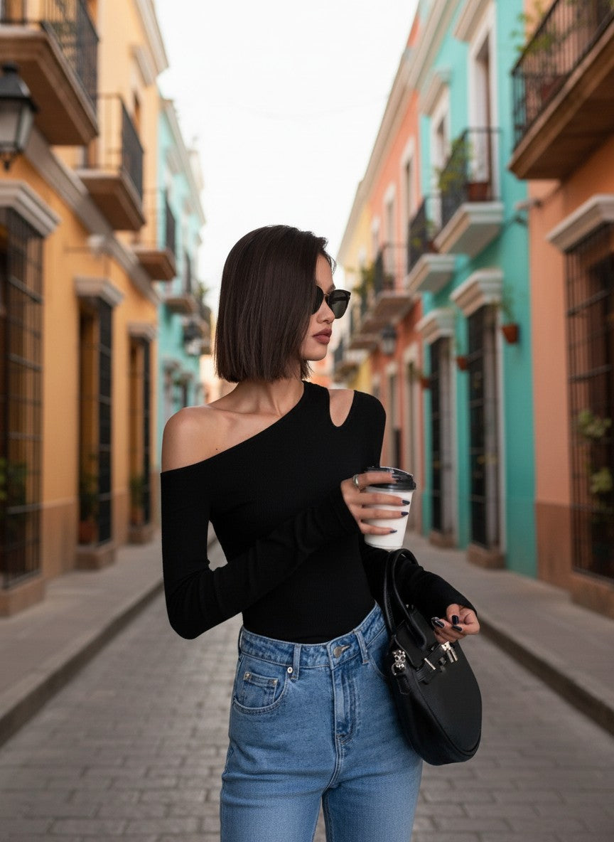 Hollow Out Skew Collar Top – Slim Fit Streetwear Tee