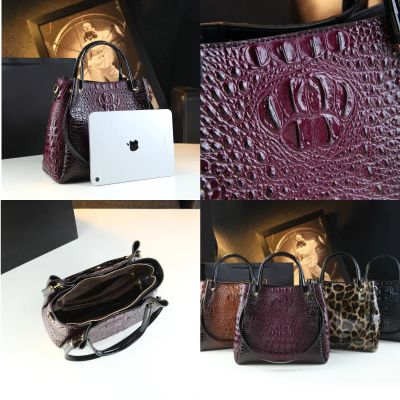 Genuine Leather Crocodile Print Bucket Tote – Vintage Shoulder & Crossbody Bag