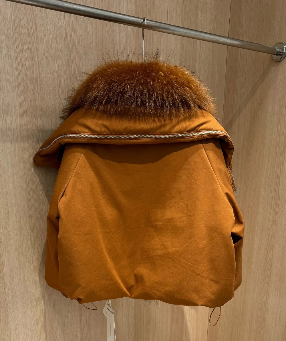 Women's White Duck Down Jacket with Fox Fur – Oversized Wide-Waist Winter Coat