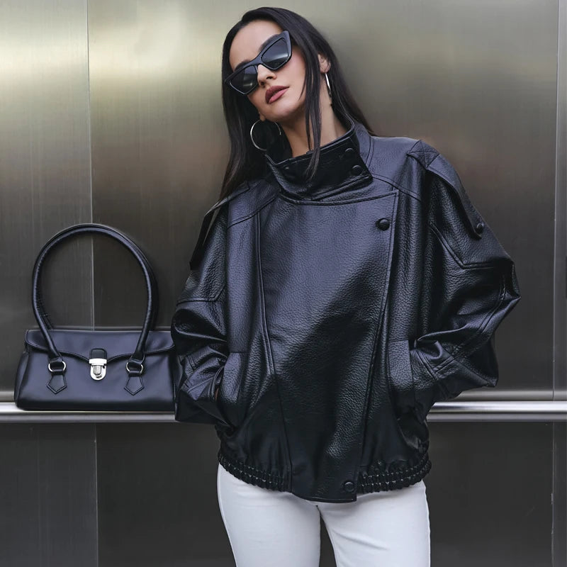 Women’s Faux Leather Streetwear Jacket – Zip-Up Autumn/Winter Outerwear