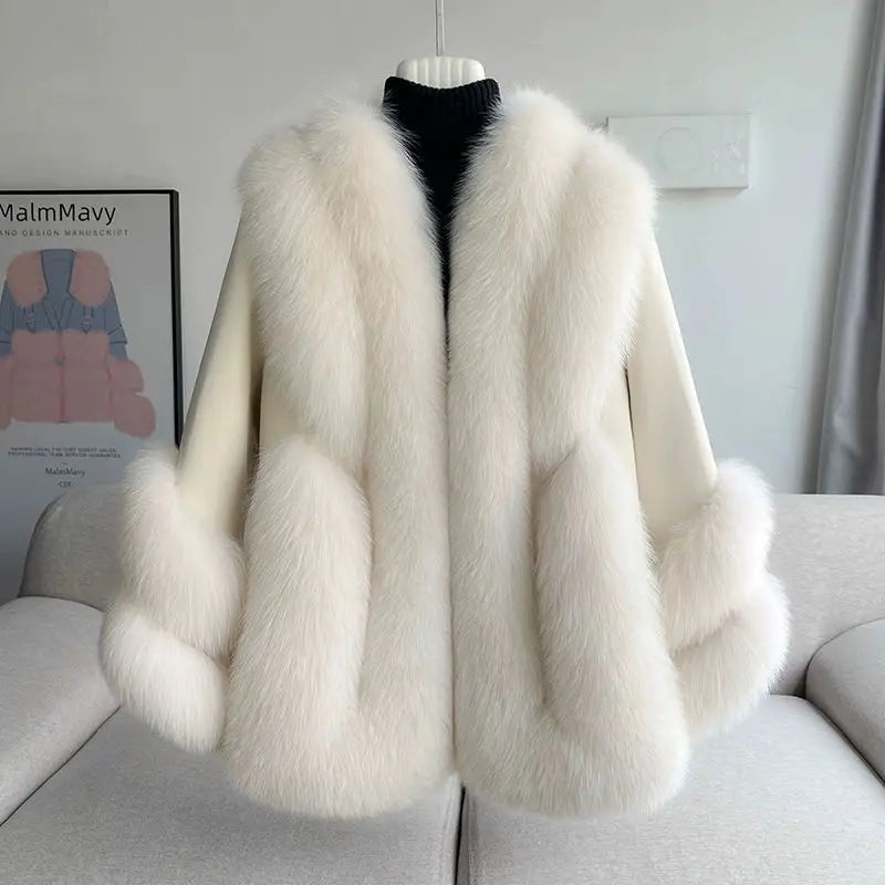 Women’s Mid-Length Real Fox Fur Coat – Wide-Waisted Luxury Winter Outerwear