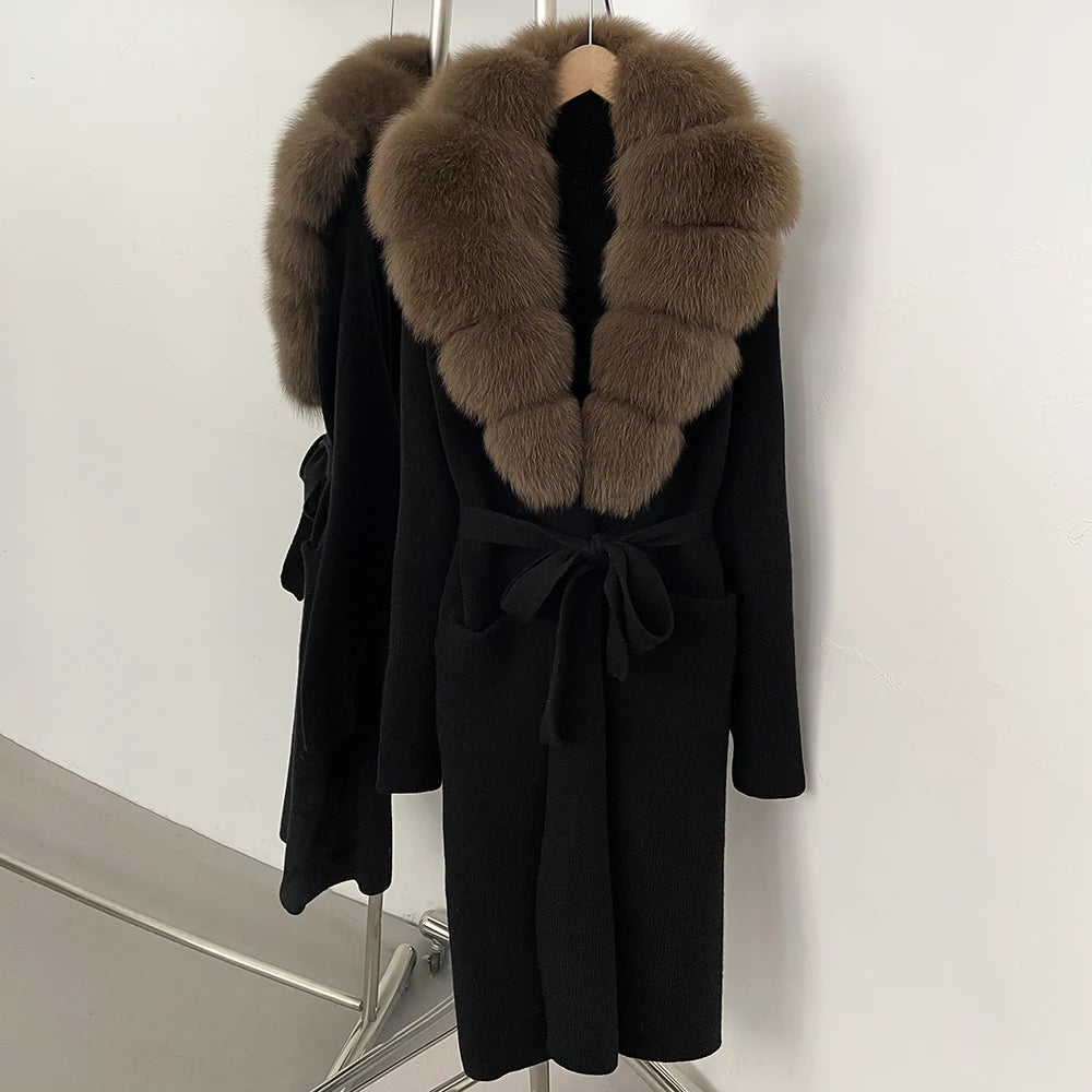 Women’s Long Real Fur Knit Coat – Belted Wide-Waist Luxury Cardigan