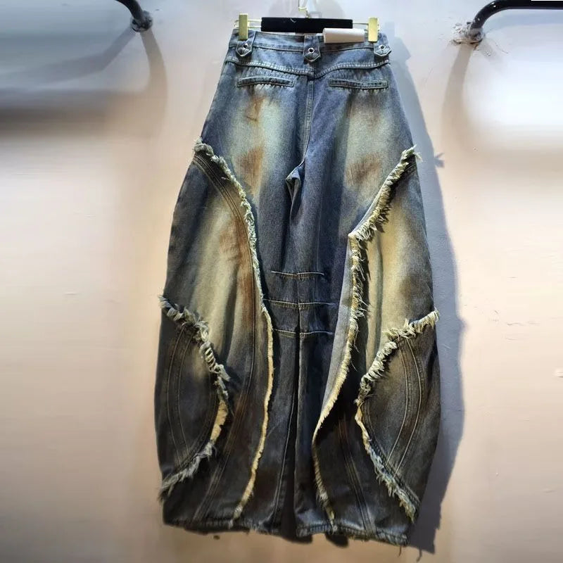Women’s Y2K High-Street Cargo Jeans – Embroidered Loose-Fit Plaid Pants