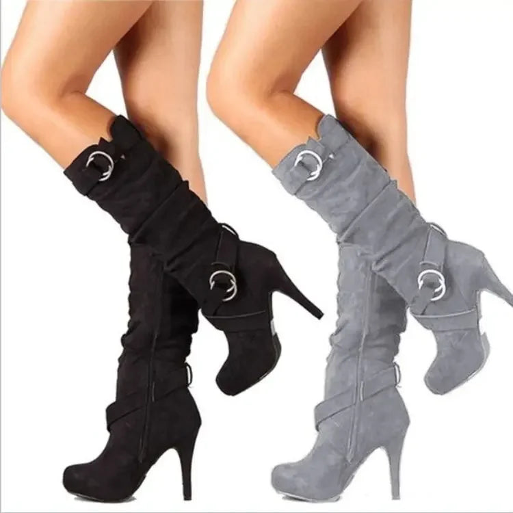 Women’s Knee-High Suede Boots – Pointed Toe Stiletto Heels