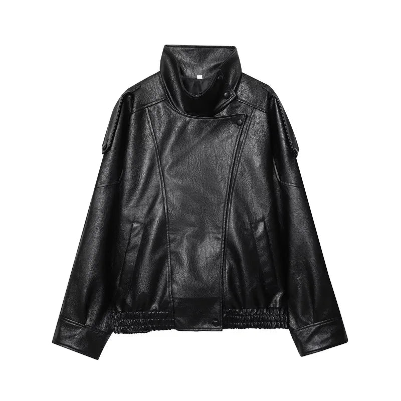 Women’s Faux Leather Streetwear Jacket – Zip-Up Autumn/Winter Outerwear