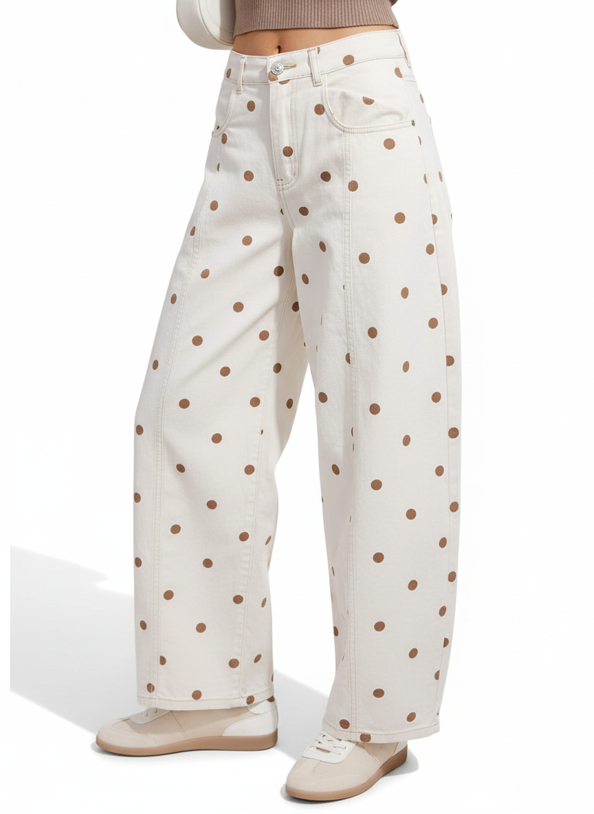 Women’s Barrel Jeans – Loose Fit Dot Print Wide-Leg Denim