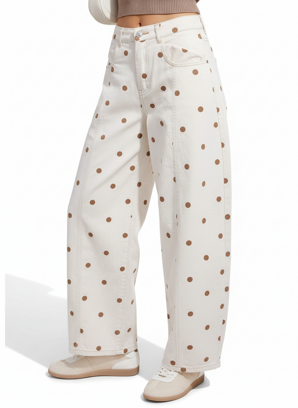 Women’s Barrel Jeans – Loose Fit Dot Print Wide-Leg Denim