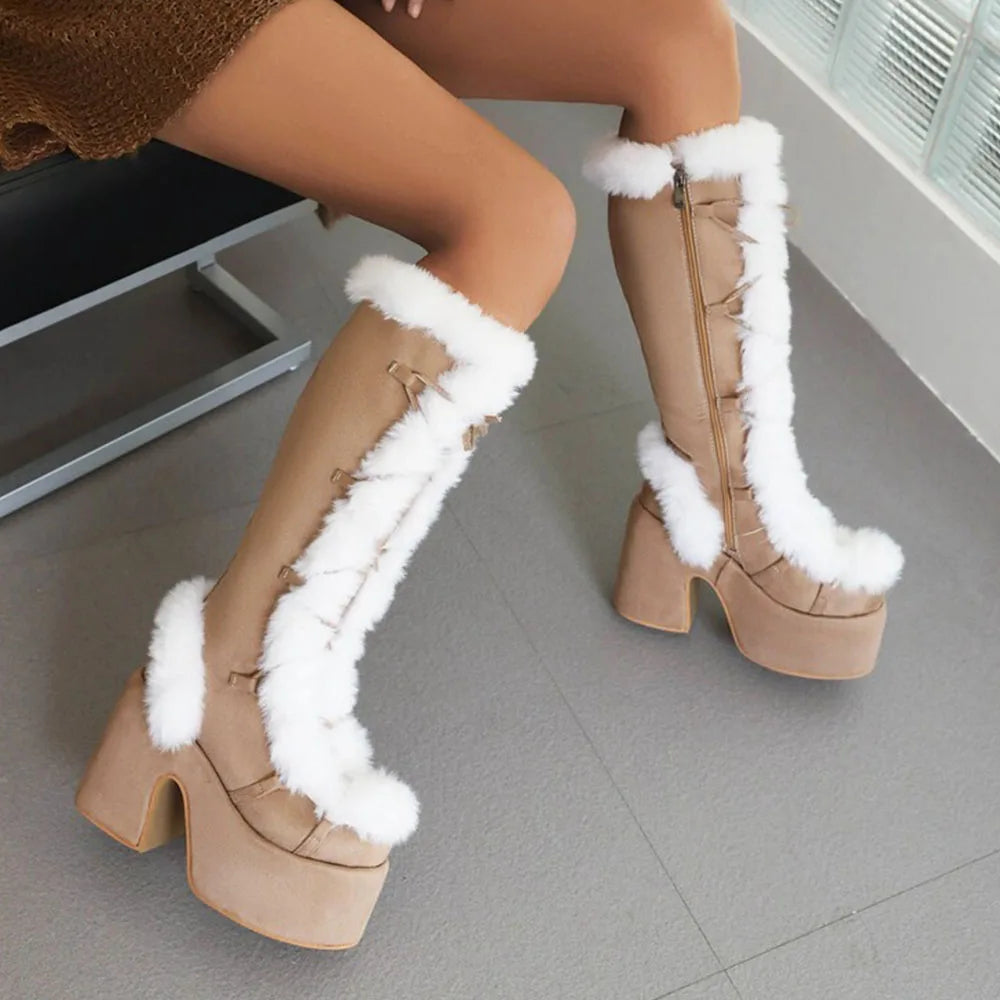 Women’s Faux Suede Platform Mid-Calf Boots – Faux Fur Winter Heels