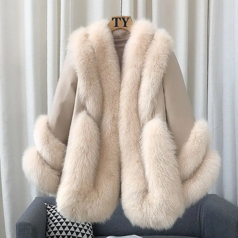 Women’s Mid-Length Real Fox Fur Coat – Wide-Waisted Luxury Winter Outerwear