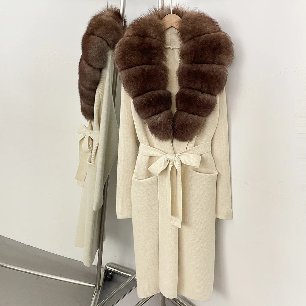 Women’s Long Real Fur Knit Coat – Belted Wide-Waist Luxury Cardigan
