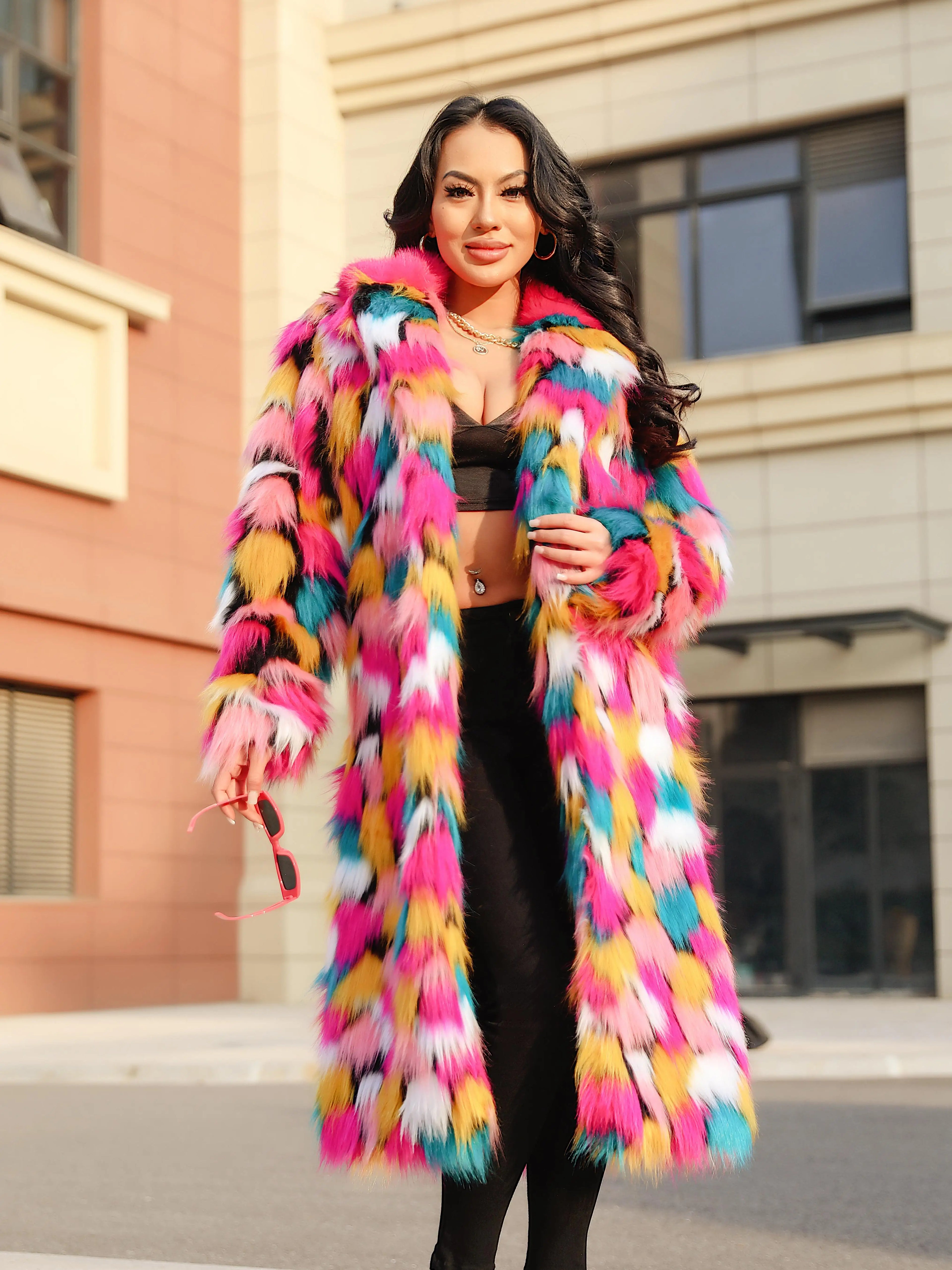 Women’s Long Faux Fur Coat – Wide-Waisted Warm Autumn/Winter Outerwear