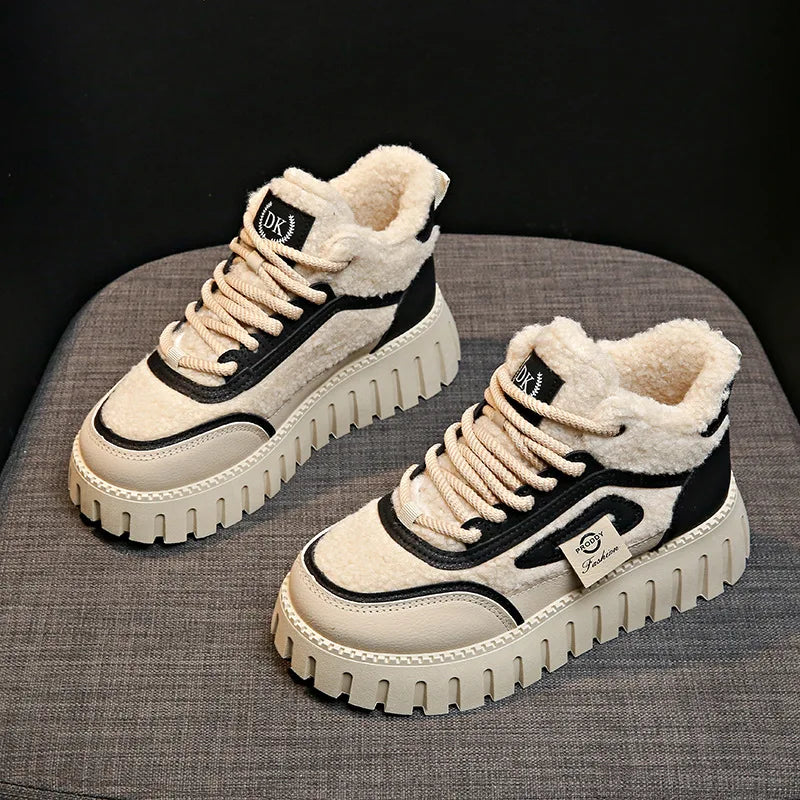 Women’s Winter Fur Lace-Up Shoes – Cozy Plush Comfort Sneakers