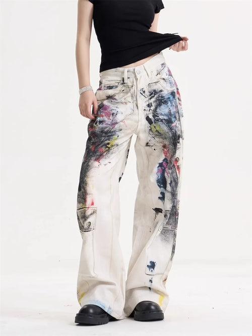 Women’s American Vintage Doodle Jeans – Y2K High-Street Wide-Leg Denim Pants