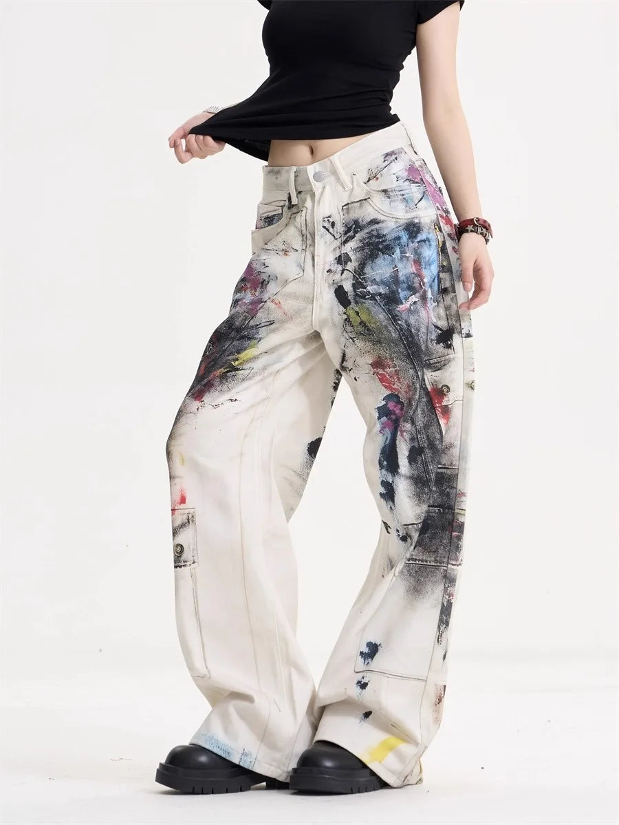 Women’s American Vintage Doodle Jeans – Y2K High-Street Wide-Leg Denim Pants