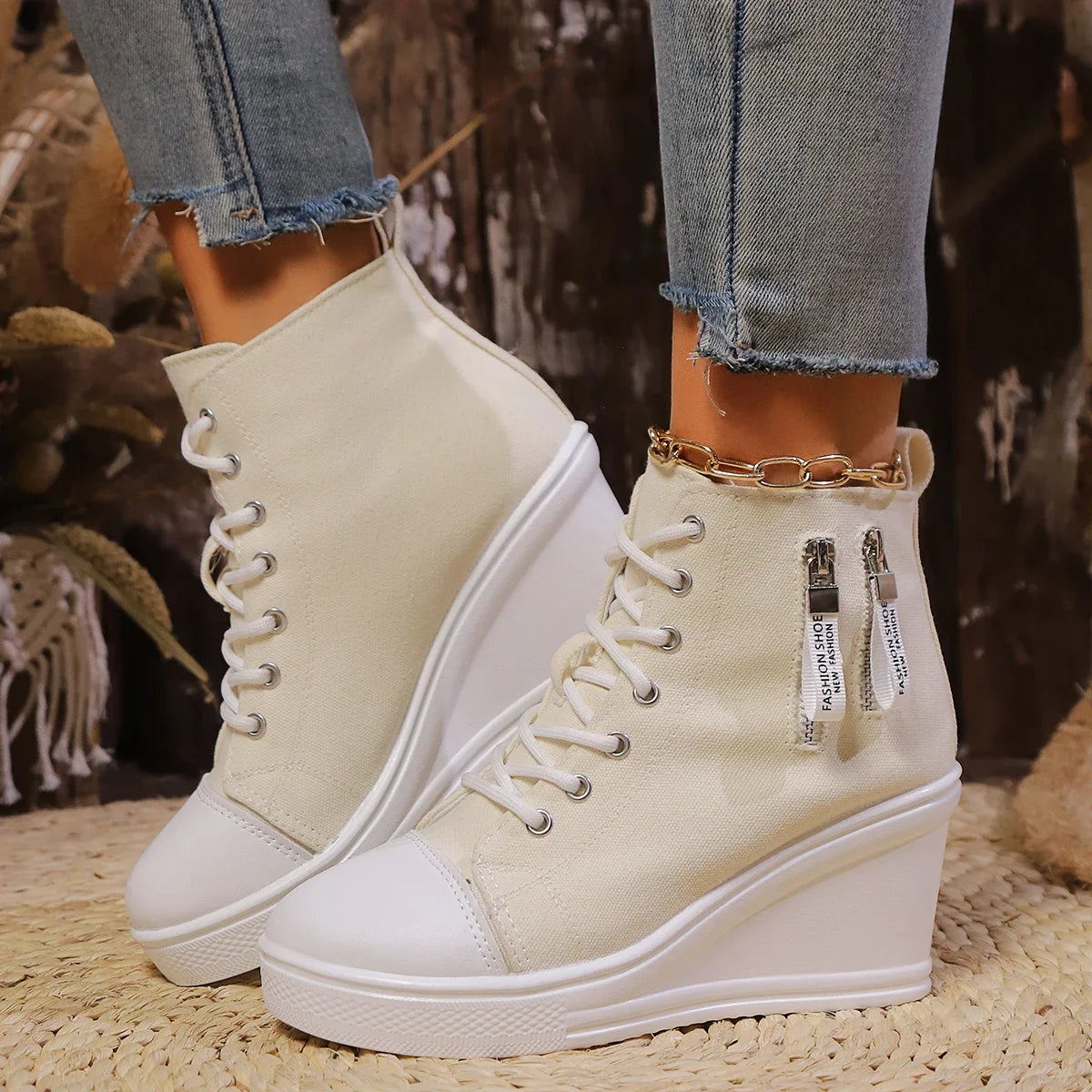 Women’s Canvas Sneakers – Patchwork Zip High Heel | Knut Elgvin
