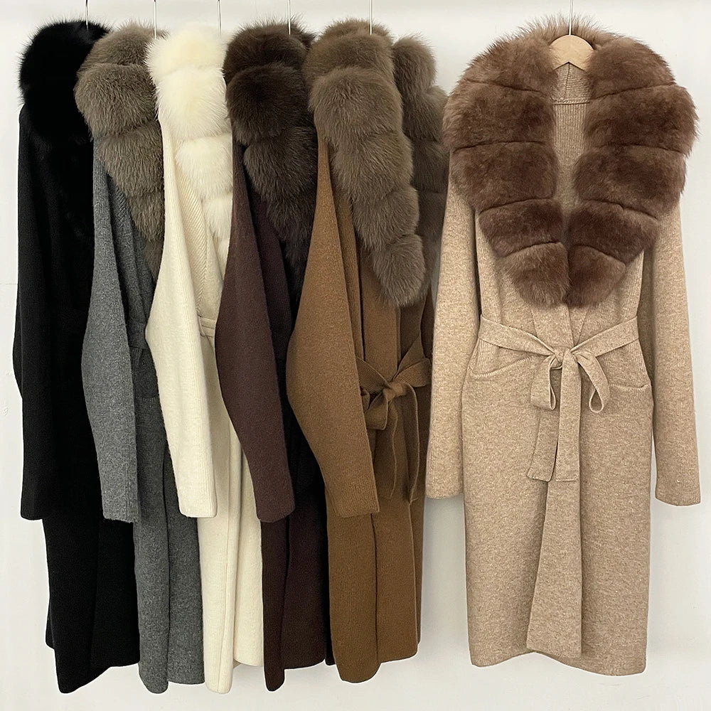 Women’s Long Real Fur Knit Coat – Belted Wide-Waist Luxury Cardigan