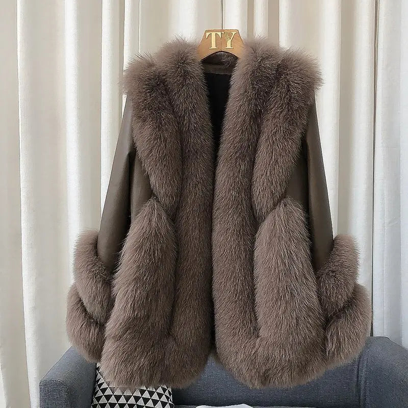 Women’s Mid-Length Real Fox Fur Coat – Wide-Waisted Luxury Winter Outerwear