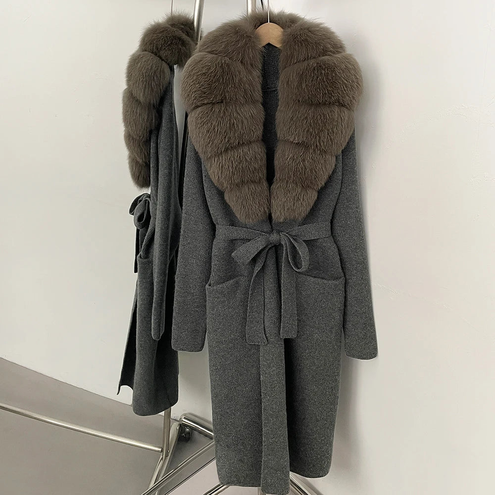 Women’s Long Real Fur Knit Coat – Belted Wide-Waist Luxury Cardigan