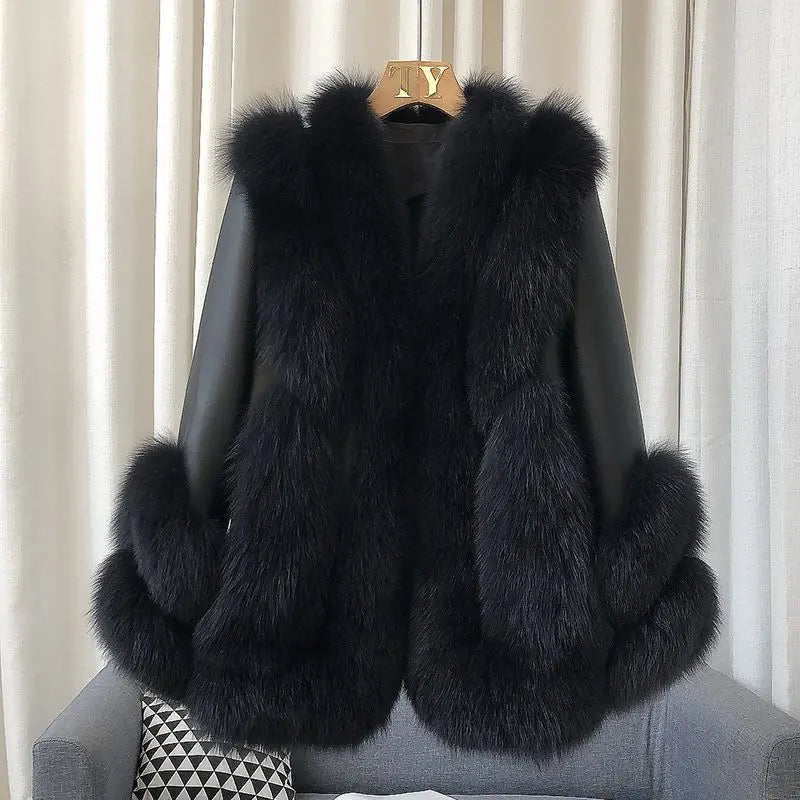 Women’s Mid-Length Real Fox Fur Coat – Wide-Waisted Luxury Winter Outerwear