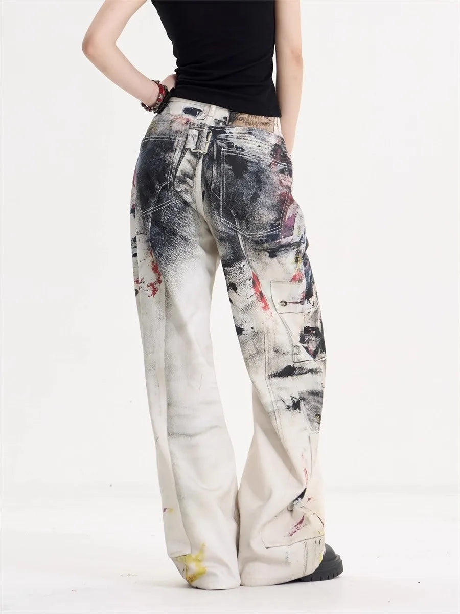 Women’s American Vintage Doodle Jeans – Y2K High-Street Wide-Leg Denim Pants