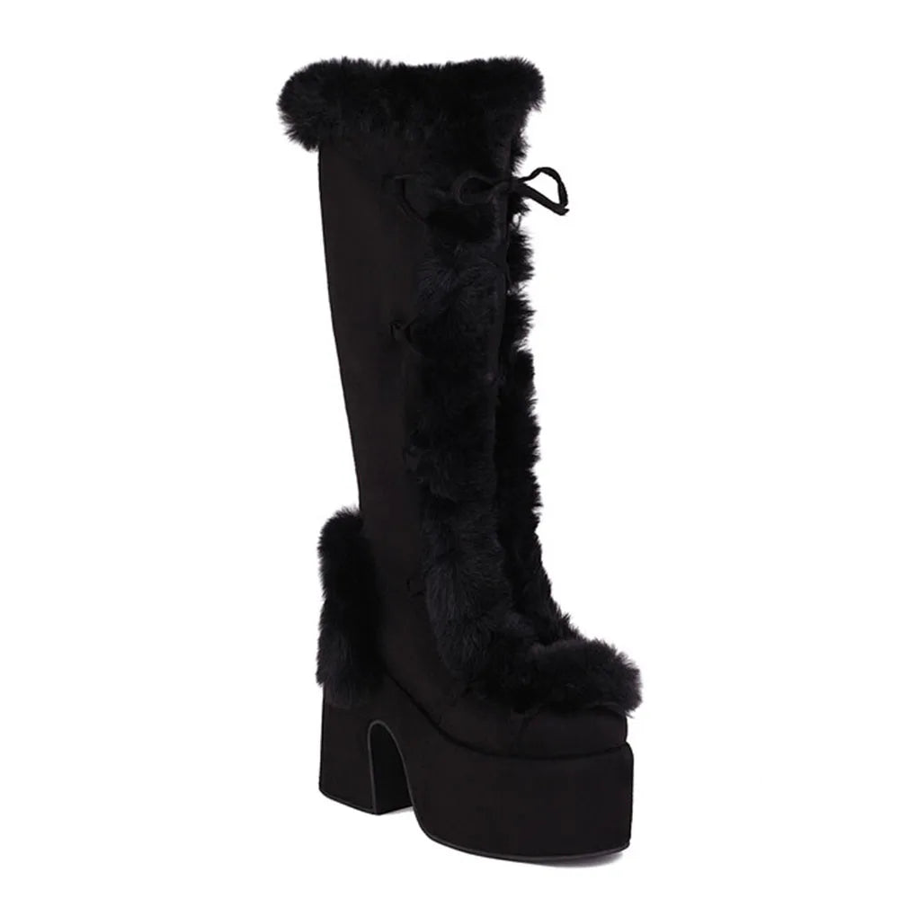 Women’s Faux Suede Platform Mid-Calf Boots – Faux Fur Winter Heels