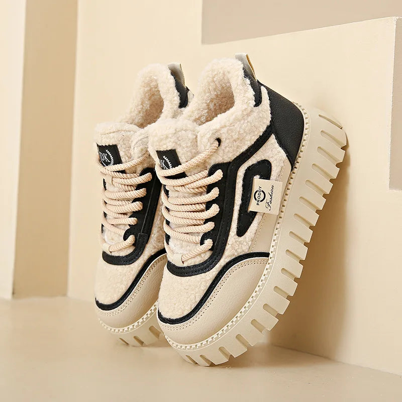 Women’s Winter Fur Lace-Up Shoes – Cozy Plush Comfort Sneakers