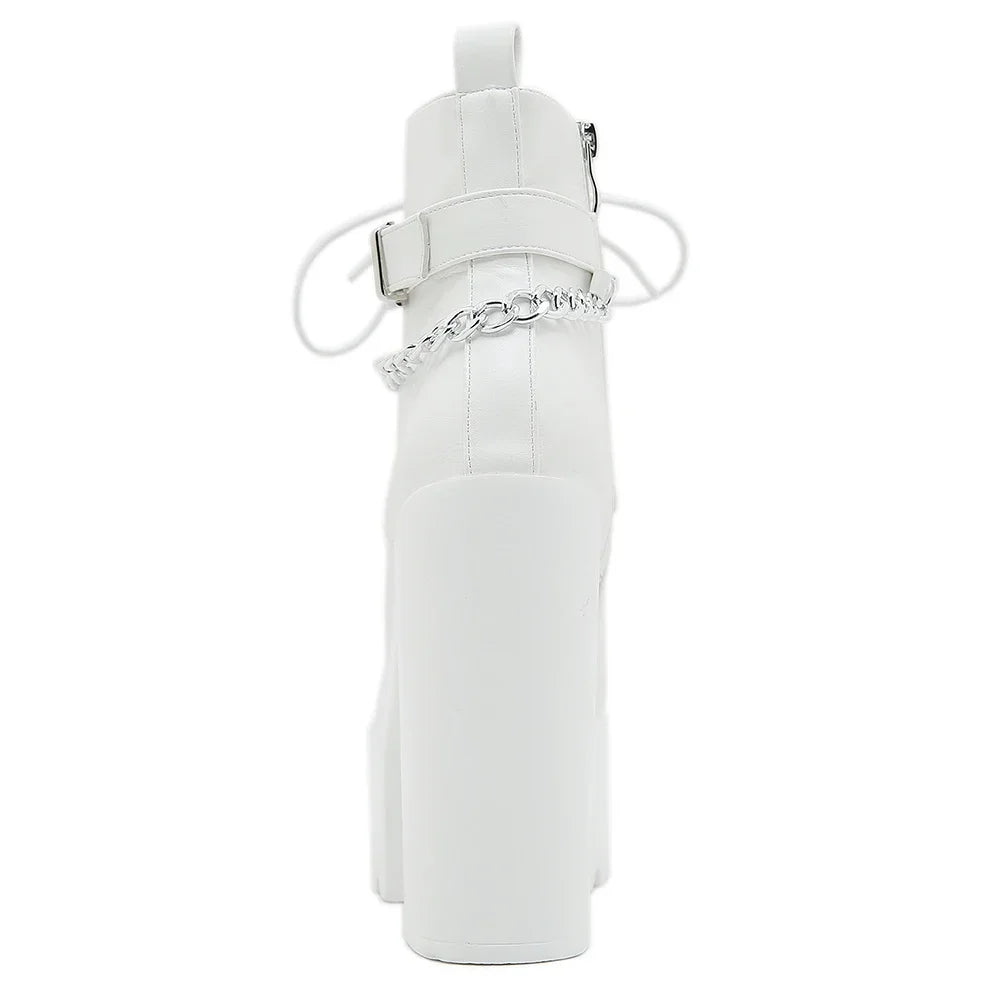 Women’s Platform Ankle Boots – Chain Square Heel Korean Style