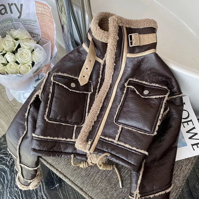 Women’s High-Street Faux Leather Jacket – Embellished Cropped Statement Outerwear
