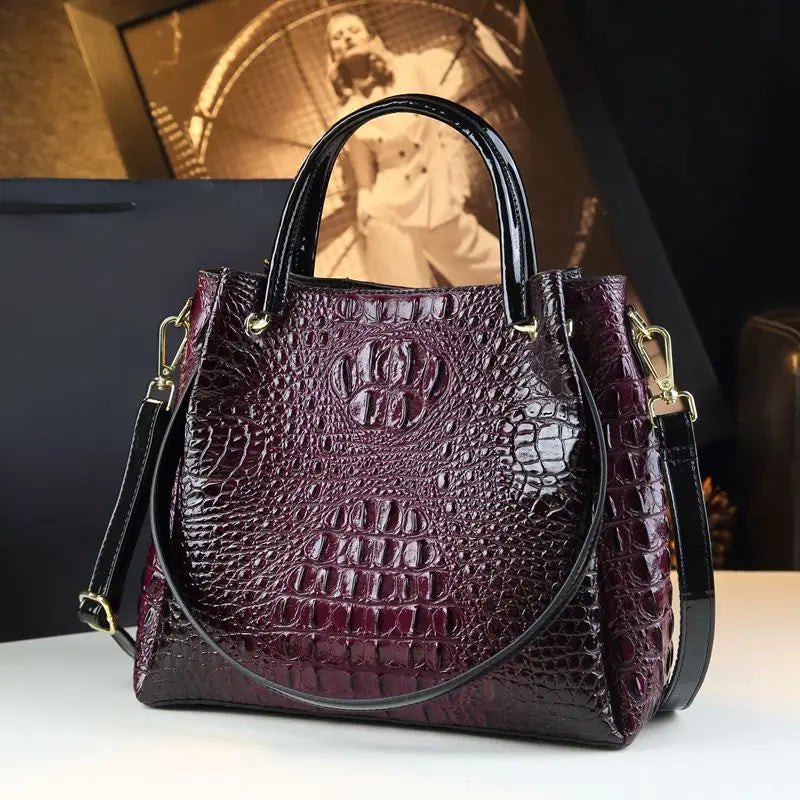 Genuine Leather Crocodile Print Bucket Tote – Vintage Shoulder & Crossbody Bag
