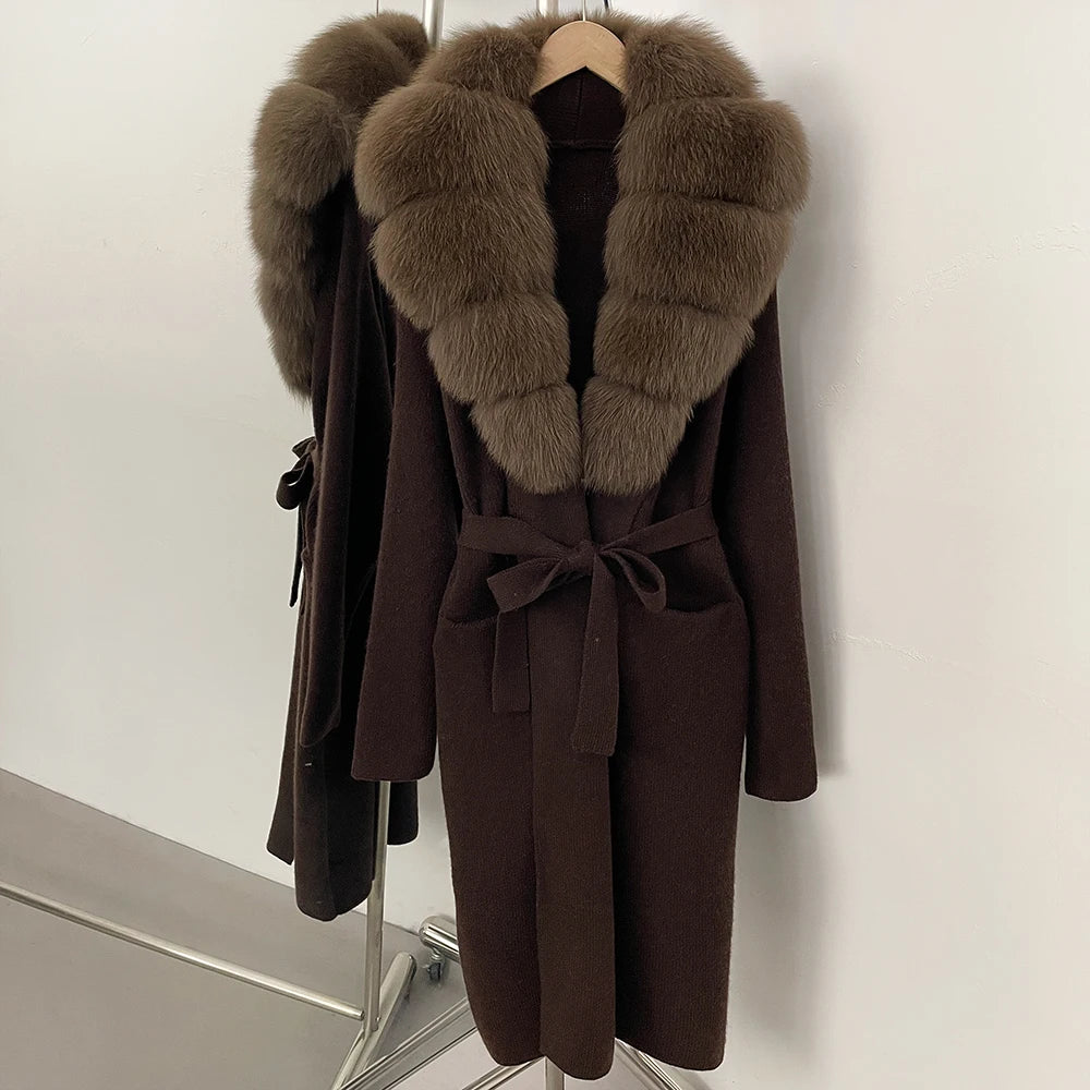 Women’s Long Real Fur Knit Coat – Belted Wide-Waist Luxury Cardigan