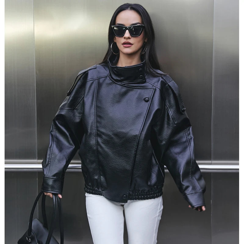 Women’s Faux Leather Streetwear Jacket – Zip-Up Autumn/Winter Outerwear
