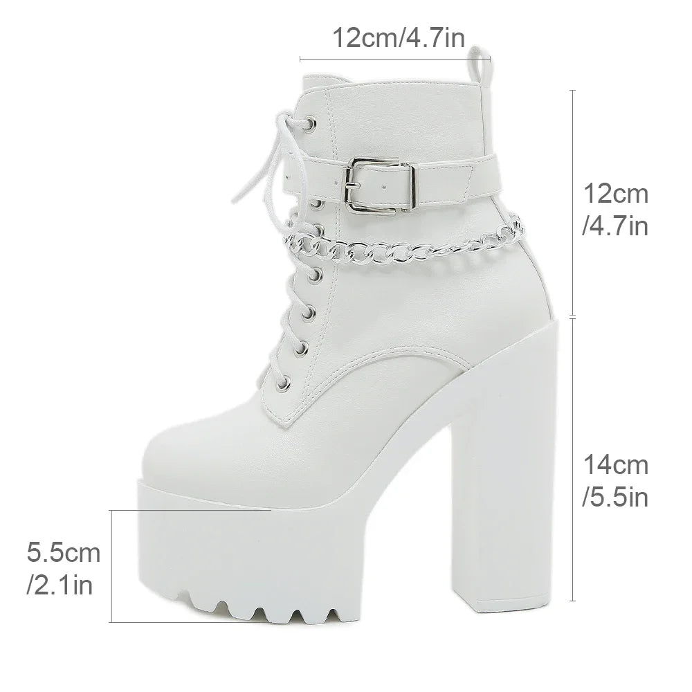 Women’s Platform Ankle Boots – Chain Square Heel Korean Style