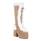 Women’s Faux Suede Platform Mid-Calf Boots – Faux Fur Winter Heels