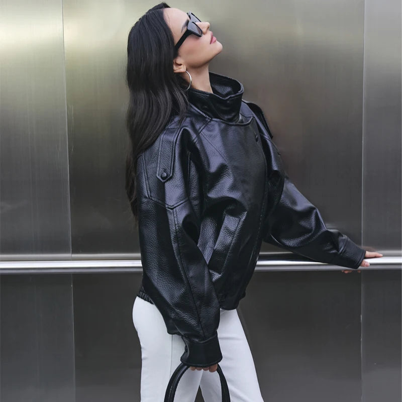 Women’s Faux Leather Streetwear Jacket – Zip-Up Autumn/Winter Outerwear