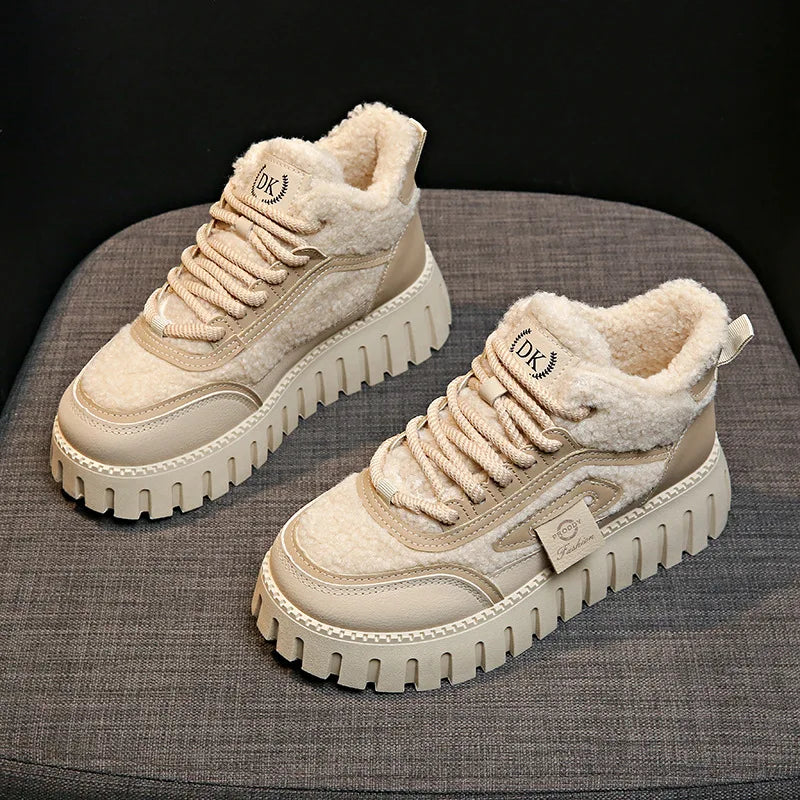 Women’s Winter Fur Lace-Up Shoes – Cozy Plush Comfort Sneakers