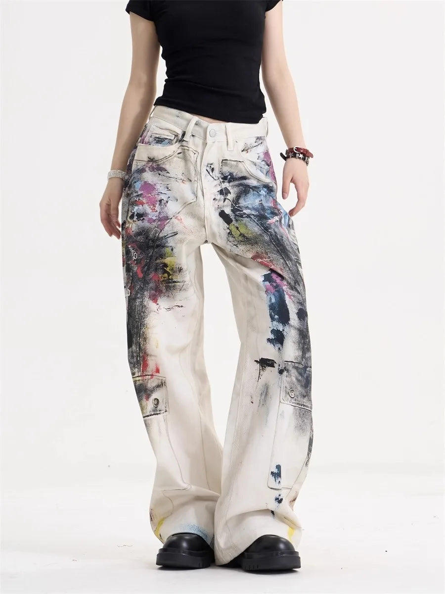 Women’s American Vintage Doodle Jeans – Y2K High-Street Wide-Leg Denim Pants