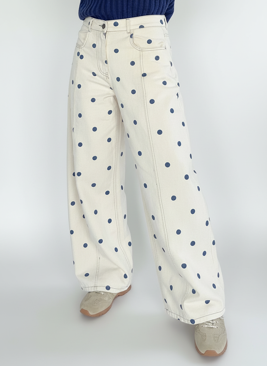 Women’s Barrel Jeans – Loose Fit Dot Print Wide-Leg Denim