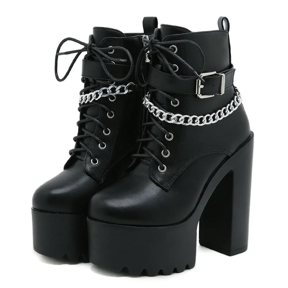 Women’s Platform Ankle Boots – Chain Square Heel Korean Style