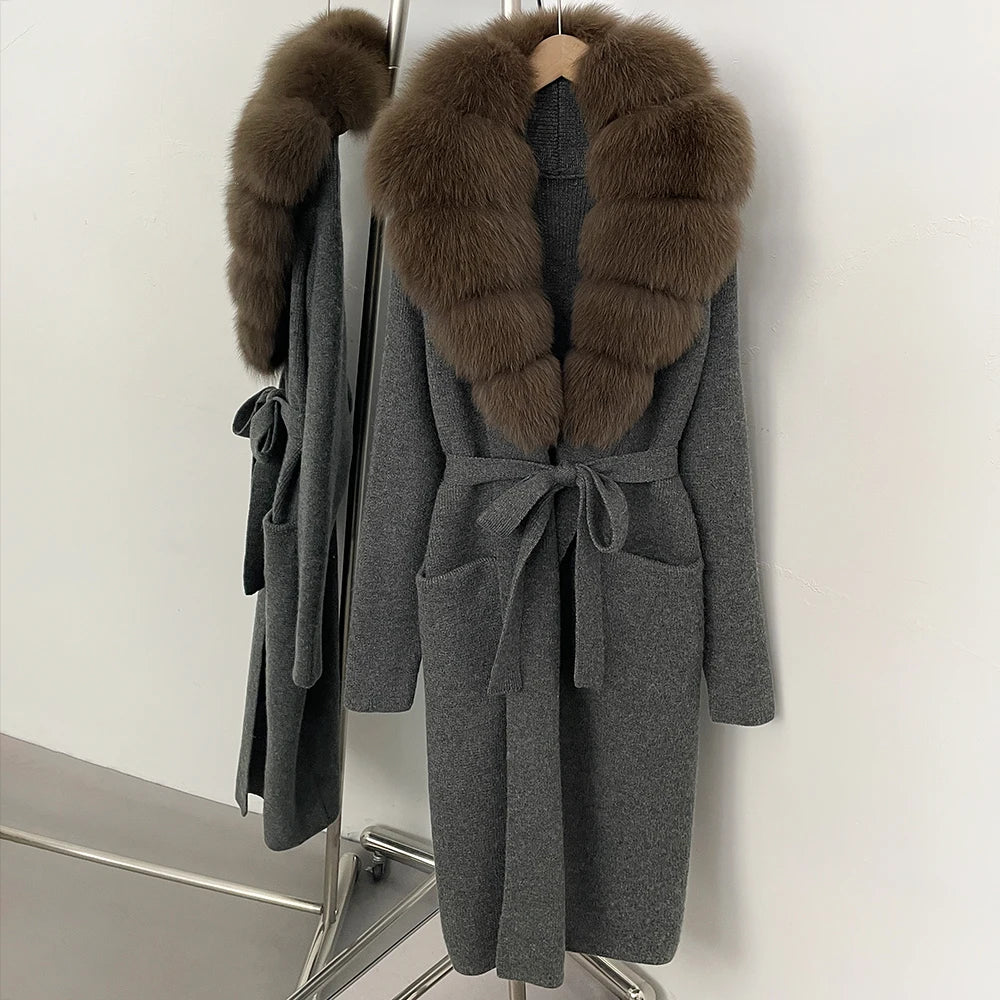 Women’s Long Real Fur Knit Coat – Belted Wide-Waist Luxury Cardigan