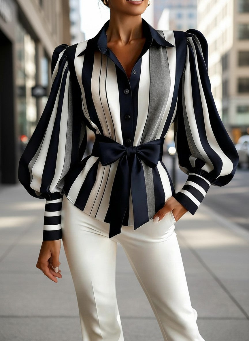 Women's Striped Belted Office Shirt – Long Sleeve Button-Up Blouse with Puff Sleeves