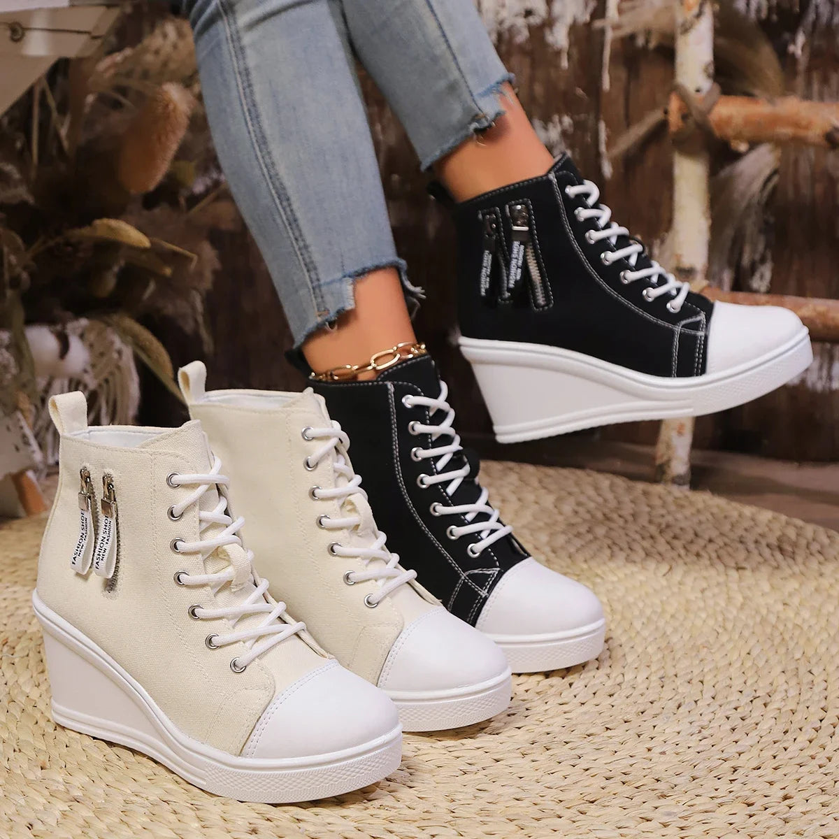 Women’s Canvas Sneakers – Patchwork Zip High Heel | Knut Elgvin