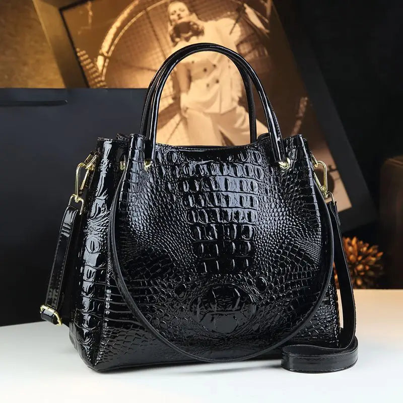 Genuine Leather Crocodile Print Bucket Tote – Vintage Shoulder & Crossbody Bag