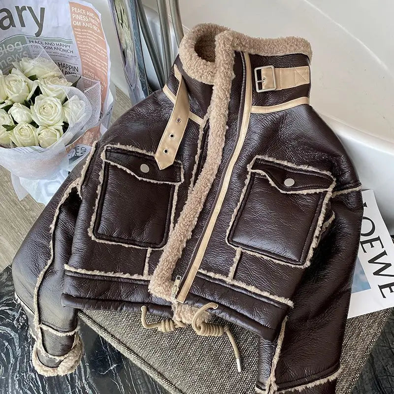 Women’s High-Street Faux Leather Jacket – Embellished Cropped Statement Outerwear