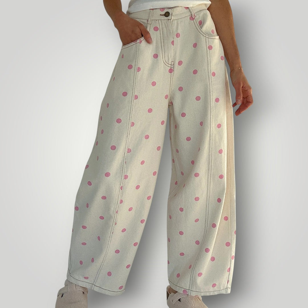 Women’s Barrel Jeans – Loose Fit Dot Print Wide-Leg Denim