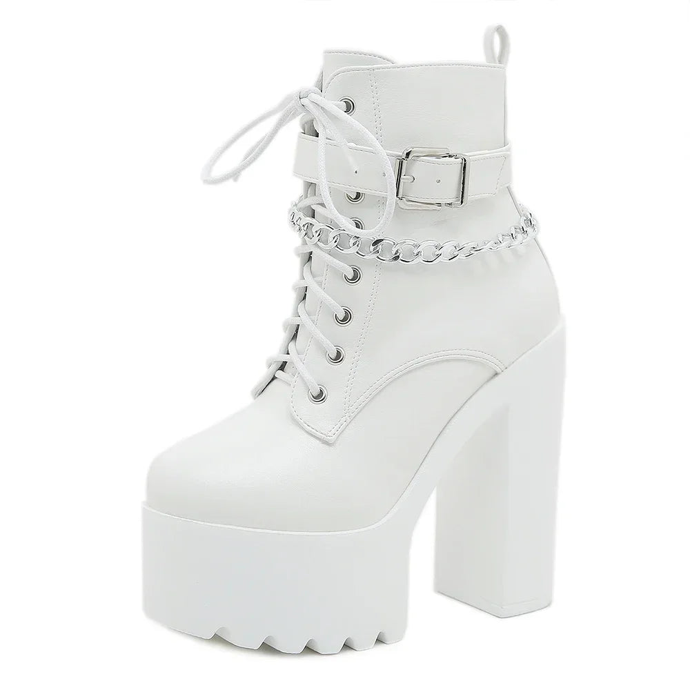 Women’s Platform Ankle Boots – Chain Square Heel Korean Style